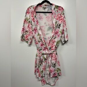 Show Me Your Mumu White Pink Floral Wrap Mini Robe Size O/S
